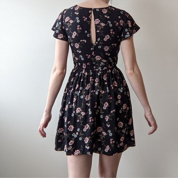 AEO Floral Keyhole Fit and Flare Dress cutout womens XS navy pink preppy cottage - Picture 5 of 16